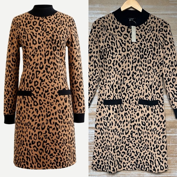 J. Crew NWT Mock Neck Sweater Dress Leopard Animal Print Preppy Womens XXS - Picture 1 of 7